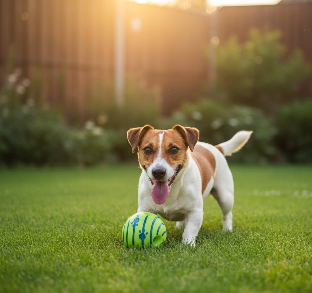"Dog playing with VelvaroPets giggle ball toy outdoors in the yard"