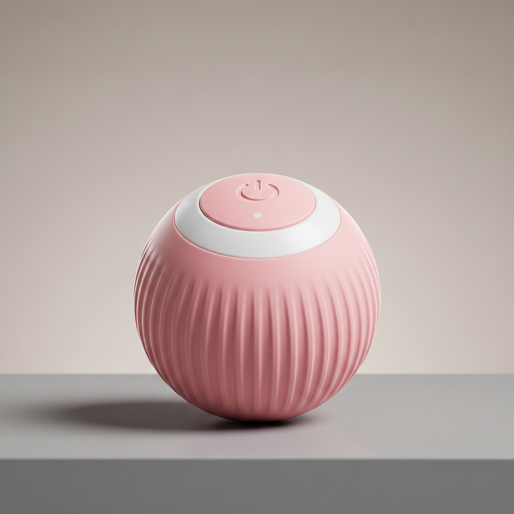 A pink ribbed spherical portable speaker with a white top band and a pink power button, sitting on a gray platform against a neutral beige background.