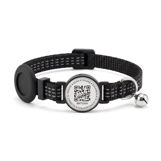 A black adjustable pet collar with a central round metal ID tag featuring a QR code and text, plus a small silver bell on the side, shown on a white background.