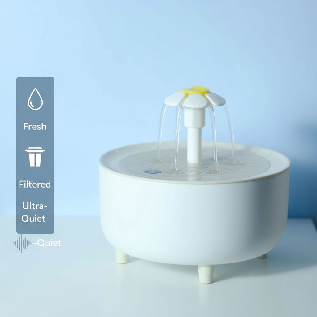 White cat and dog water fountain featuring a flower-shaped water spout and continuous flowing water.
