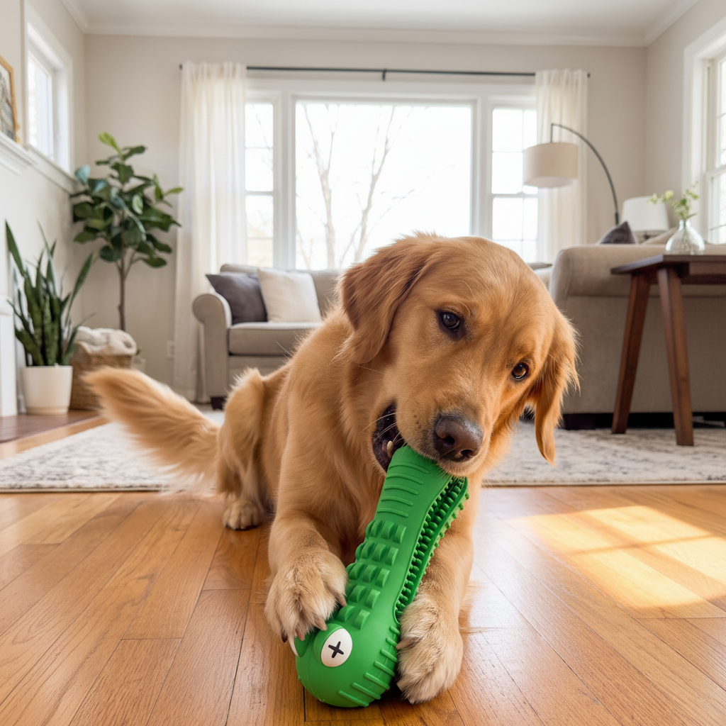A golden retriever dog is lying on a hardwood floor in a bright living room, chewing on a green textured rubber toy.