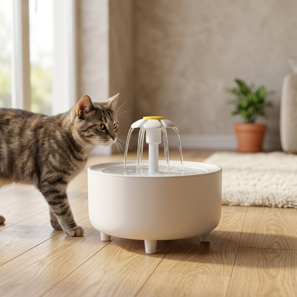 "Dog drinking fresh water from VelvaroPets flower fountain in a cozy home setting"