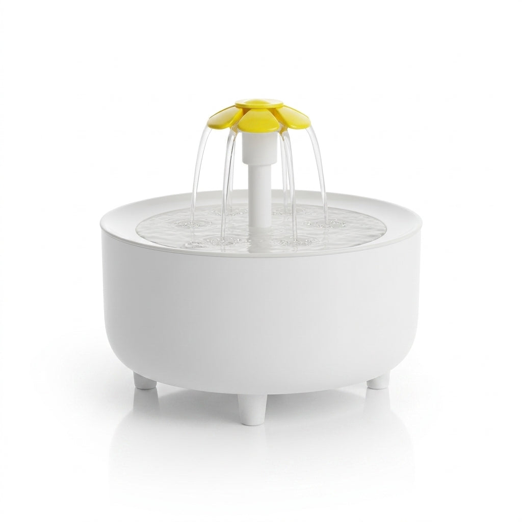VelvaroPets white flower-shaped pet water fountain with continuous flowing water on white background.