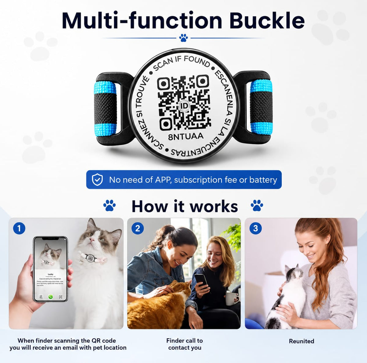 Multi-function QR code pet collar infographic showing 3-step process: scan QR code, finder contacts owner, pet reunited. No app, subscription, or battery needed.