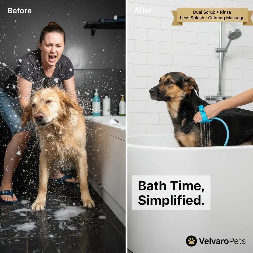 Before and after comparison showing messy dog bath versus calm bath using VelvaroPets 2-in-1 pet bath and massage scrubber with dual scrub and rinse function