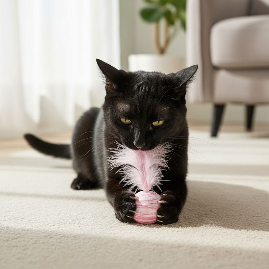 A black cat with yellow eyes licks a pink feather toy while chewing on a pink striped ball, lying on a beige carpet in a brightly lit living room.