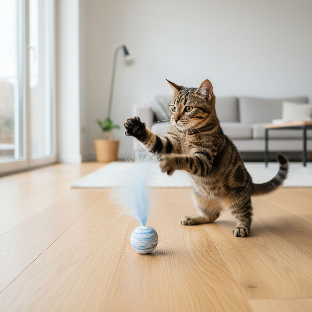 A tabby cat stands on a light wood floor in a bright living room, reaching toward a small blue-and-white feather toy.