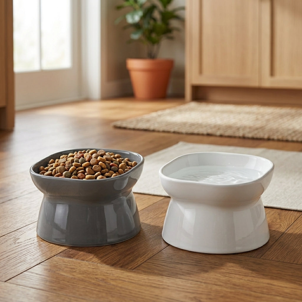 "VelvaroPets elevated ceramic pet bowls with kibble on kitchen floor"