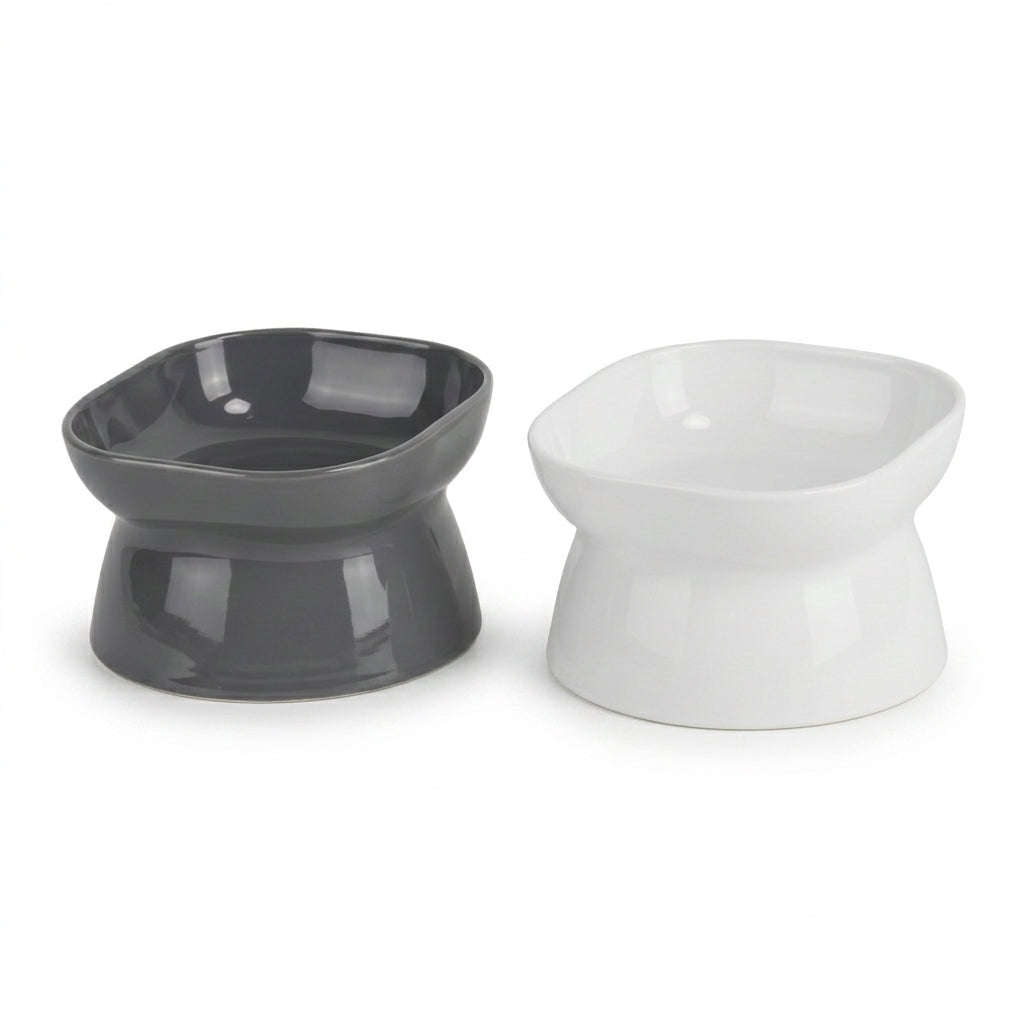 "VelvaroPets grey and white elevated ceramic pet bowl set on white background"