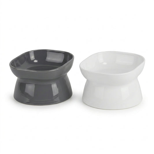 "VelvaroPets grey and white elevated ceramic pet bowl set on white background"