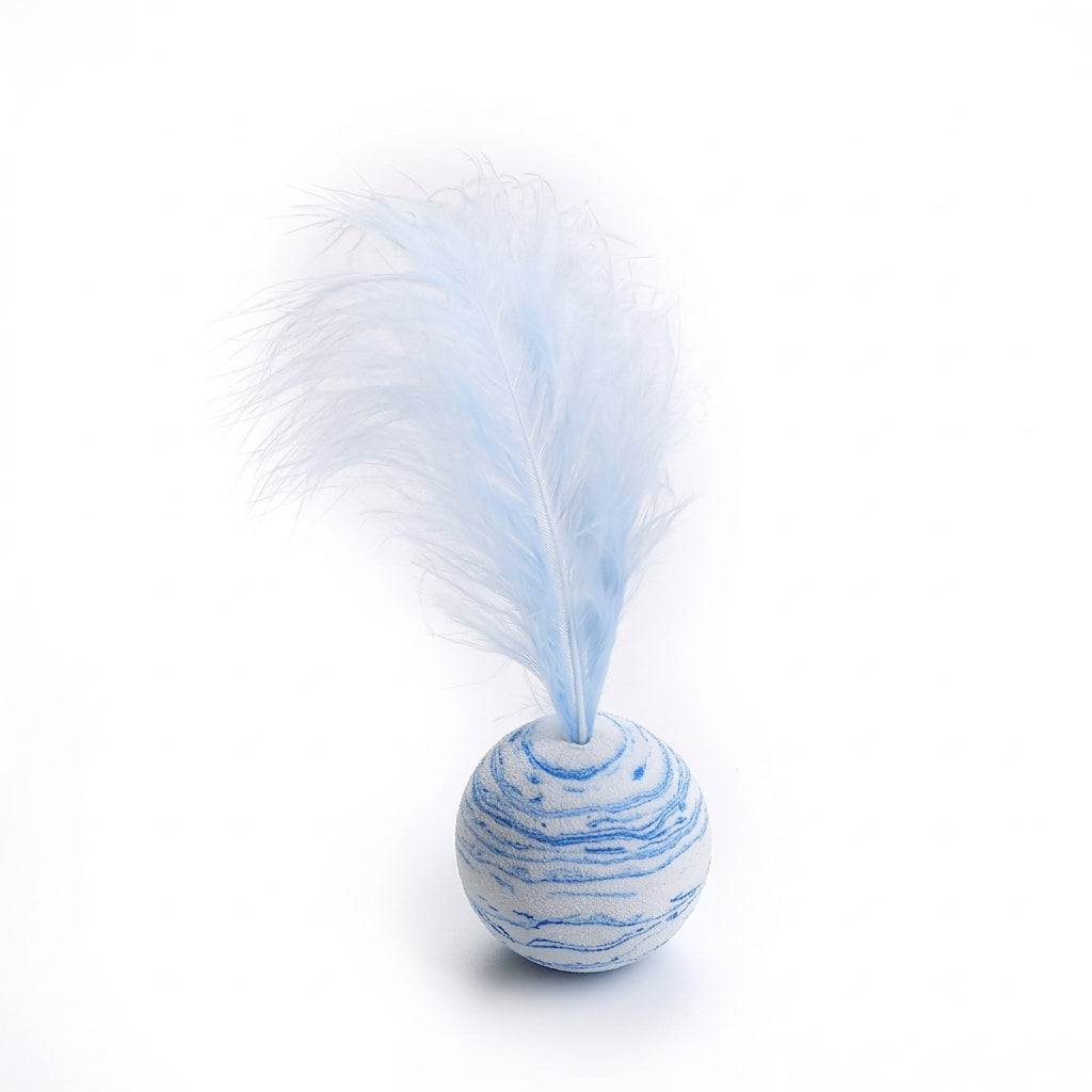A small decorative toy or fidget ball with a blue and white marbled pattern, topped with a fluffy pale blue feather, photographed on a clean white background.