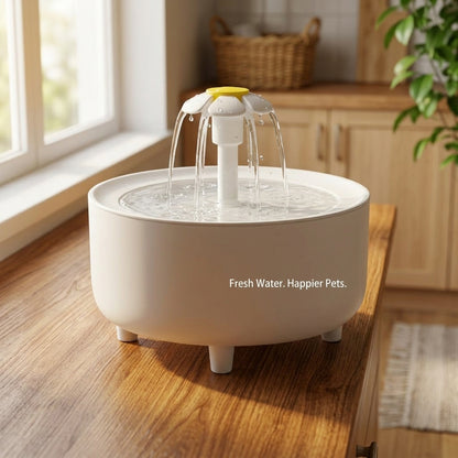 VelvaroPets white flower-shaped pet water fountain with continuous flowing water on a kitchen counter.