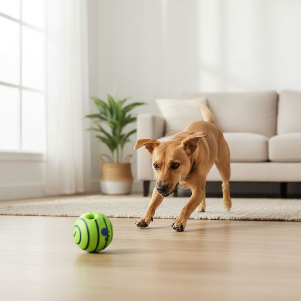 A small tan dog is running toward a bright green and yellow striped ball on a light wood floor in a bright, modern living room with a sofa and potted plant in the background.