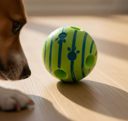 "VelvaroPets green giggle ball dog toy displayed on wooden floor"