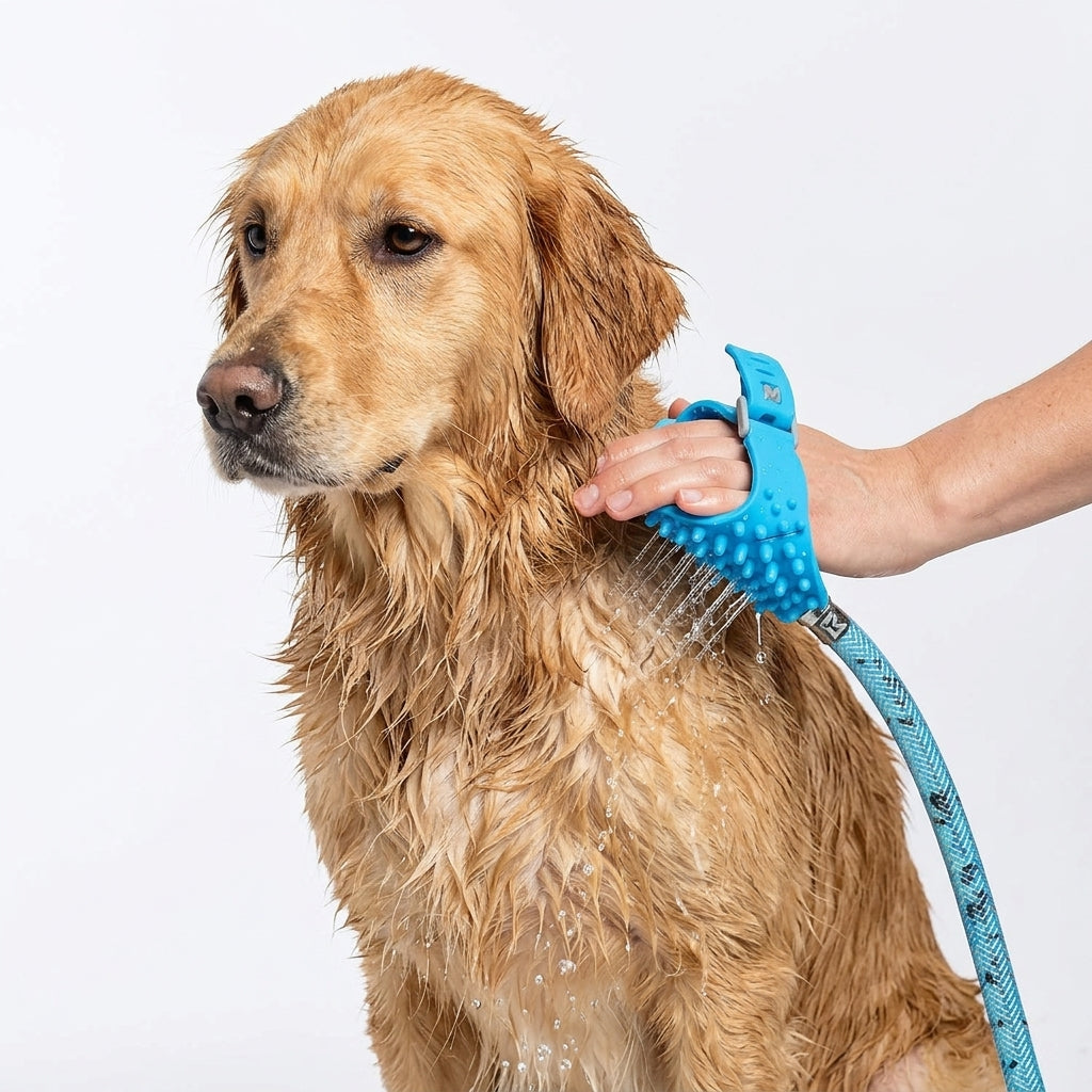 Golden retriever being bathed with VelvaroPets 2-in-1 pet bath and massage scrubber, blue silicone hand tool with water spray on white background
