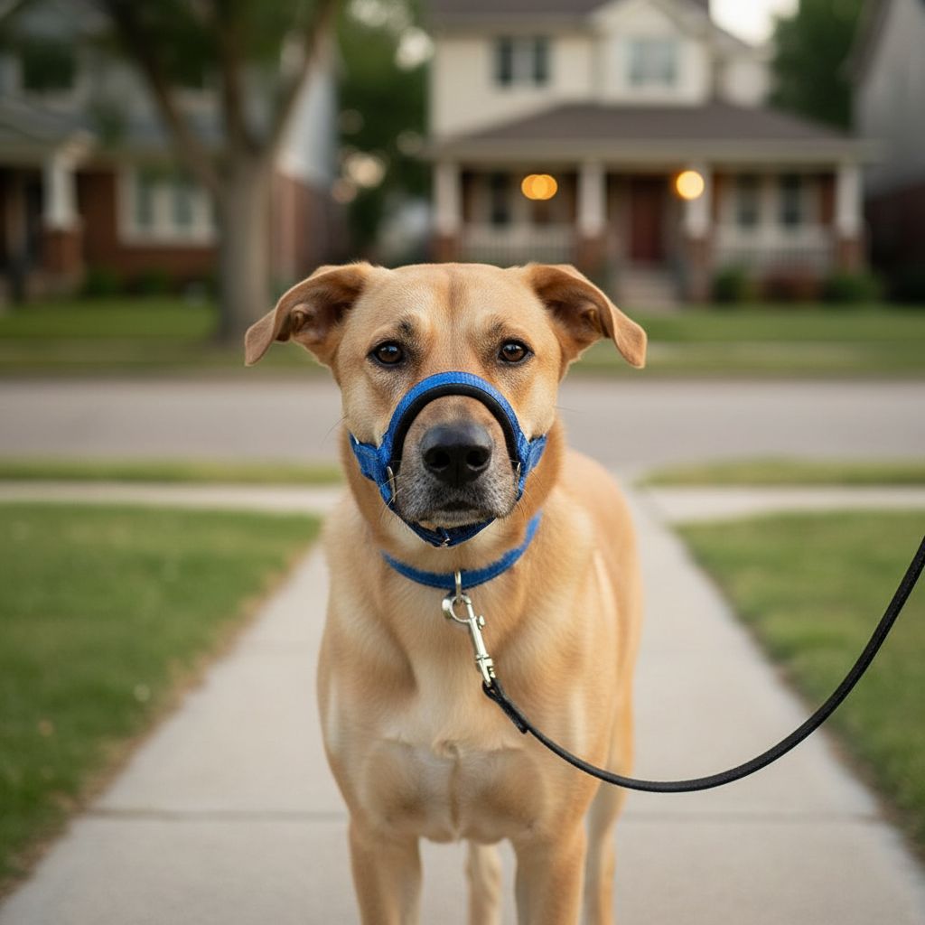 A tan dog standing on a suburban sidewalk wearing a blue muzzle and collar with a black leash, with blurred houses in the background.