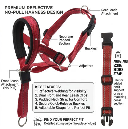 Red and black reflective no-pull harness for dogs, shown with labeled callouts and feature text on a white background.