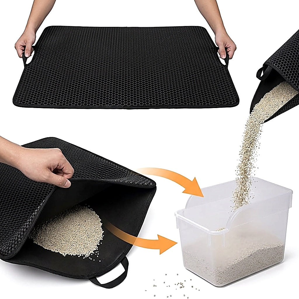 A black mesh litter mat shown in a three-panel demonstration on a white background. The top panel shows hands holding the mat open.