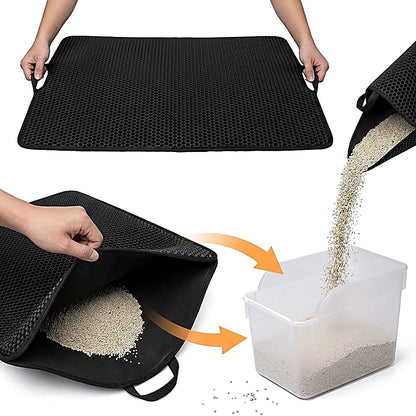 A black mesh litter mat shown in a three-panel demonstration on a white background. The top panel shows hands holding the mat open.