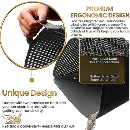 A premium litter mat with integrated dual-side handles, shown with a hand lifting one corner to demonstrate flexibility. The graphic includes text highlighting ergonomic design, unique two-handle design, and detailed mesh and bottom layers.