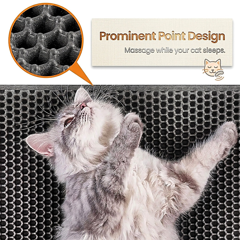 A gray and white cat lies on its back on a black honeycomb-textured pet mat, with a callout inset showing the raised point texture and text reading 'Prominent Point Design' and 'Massage while your cat sleeps.'.