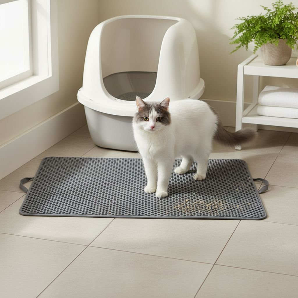 A gray textured cat mat with handles is placed on a tiled floor in a bright room, with a white and gray cat standing on it. A litter box and a small plant are visible in the background.