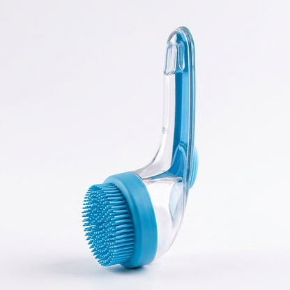 VelvaroPets silicone pet shampoo brush with built-in dispenser, blue, soft massage bristles for dogs and cats