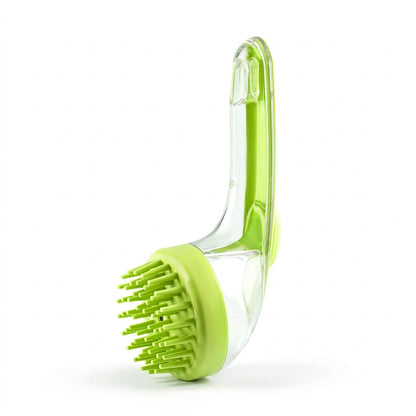 VelvaroPets silicone pet shampoo brush with built-in dispenser, green, soft massage bristles for dogs and cats