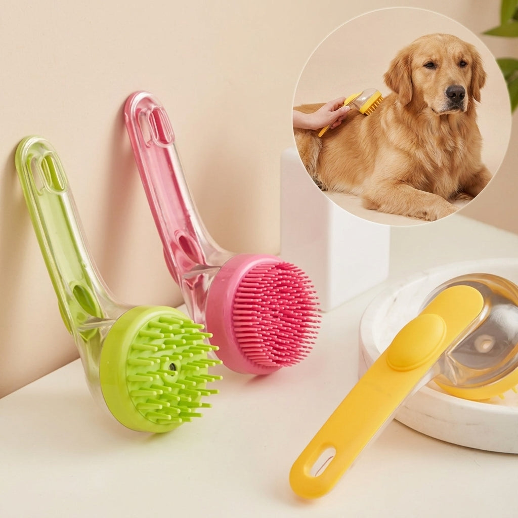 Small fluffy dog being groomed with VelvaroPets silicone shampoo dispenser brush, shown with rose red and yellow color options