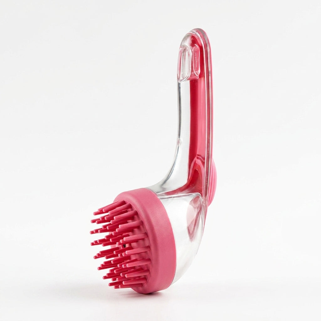 VelvaroPets silicone pet shampoo brush with built-in dispenser, rose red, soft massage bristles for dogs and cats
