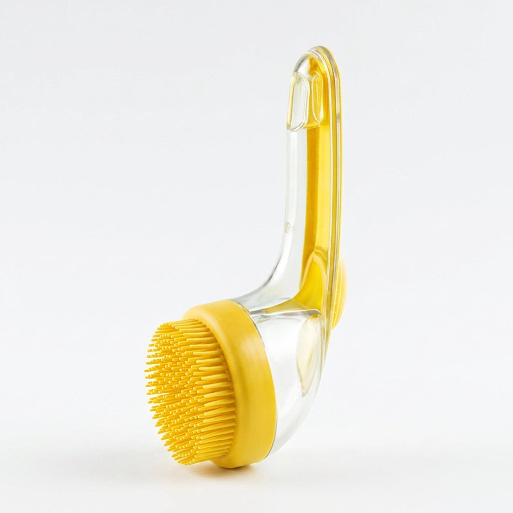 VelvaroPets silicone pet shampoo brush with built-in dispenser, yellow, soft massage bristles for dogs and cats