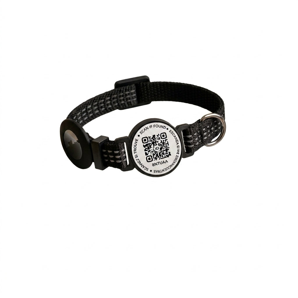 A black adjustable dog collar with a woven strap, a metal ring, and a round black-and-white ID tag featuring a QR code and text.