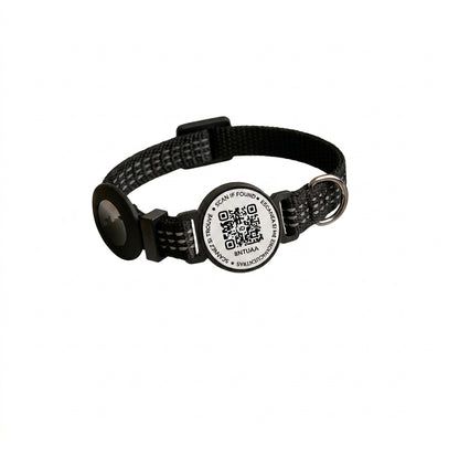A black adjustable dog collar with a woven strap, a metal ring, and a round black-and-white ID tag featuring a QR code and text.