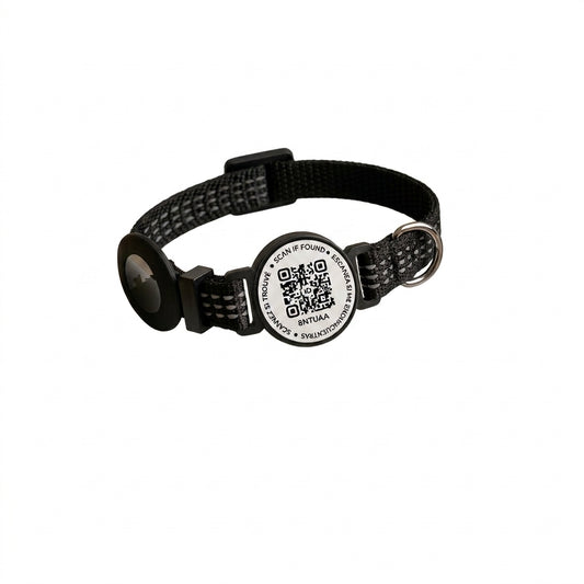 A black adjustable dog collar with a woven strap, a metal ring, and a round black-and-white ID tag featuring a QR code and text.