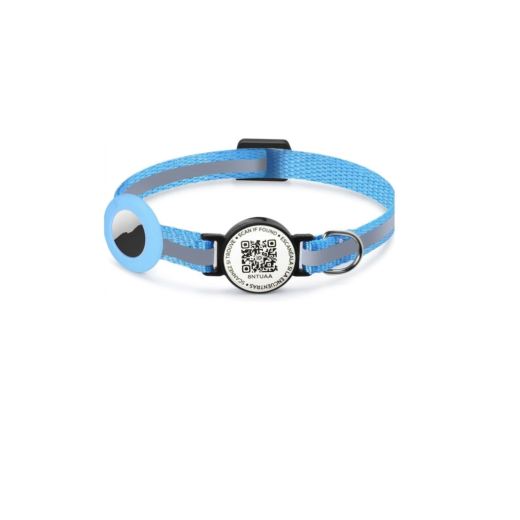 A light blue reflective pet collar with a gray reflective stripe, a black plastic buckle, and a circular metal ID tag featuring a QR code.