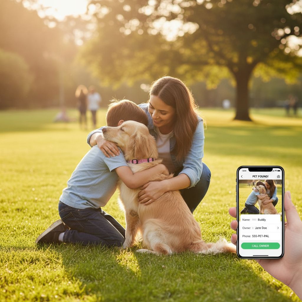 A woman and a golden retriever dog hug in a sunny park, while a hand holds up a smartphone showing a pet-finding app interface on the screen.