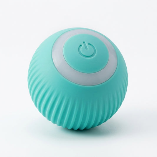 A small spherical electronic device in mint green with a ribbed textured body, a white circular ring, and a mint green top button with a power symbol, shown on a white background.