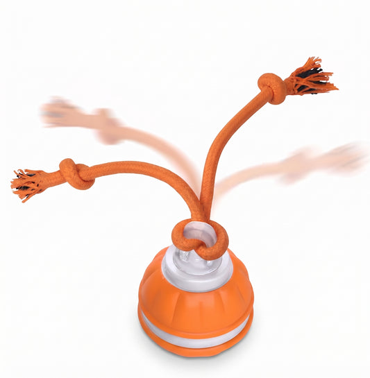 An orange and white dog rope tug toy with a suction cup base and two knotted rope arms ending in frayed tips, on a white background.