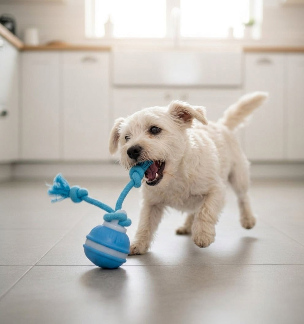 "White terrier dog playing with VelvaroPets wobble rope tug toy in kitchen"
