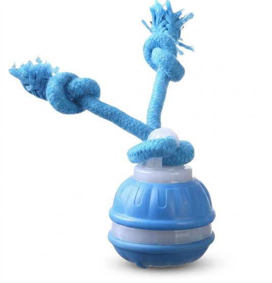 "VelvaroPets blue wobble base rope tug toy for dogs on white background"